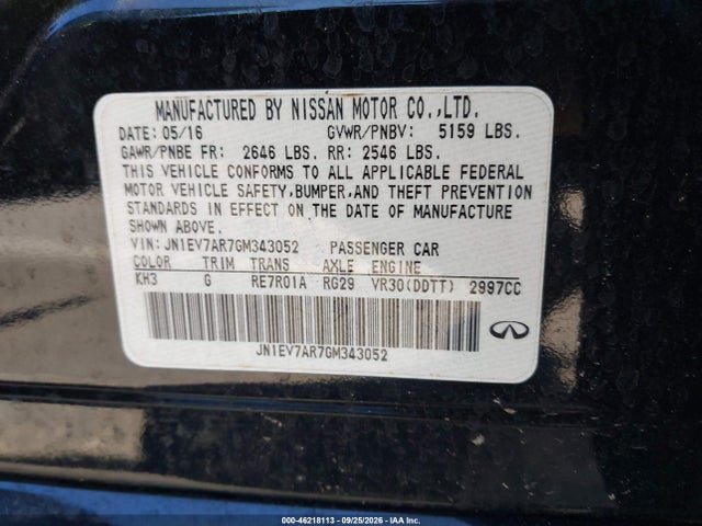 2016 Infiniti Q50 3.0t Premium მანქანა იყიდება აუქციონზე, vin: JN1EV7AR7GM343052, აუქციონის ნომერი: 46218113