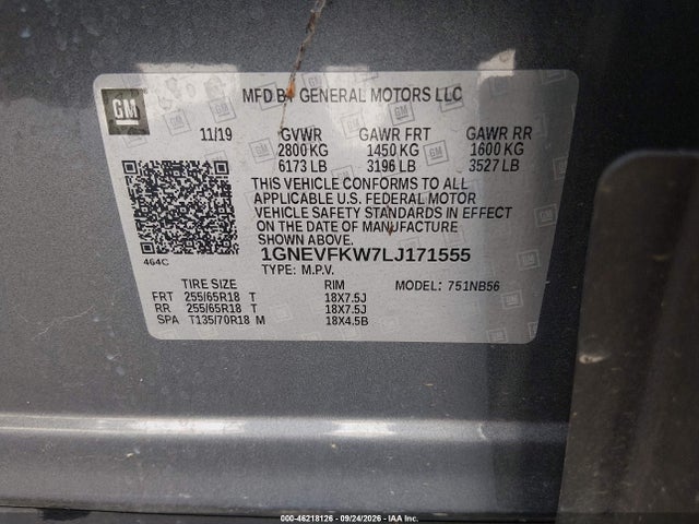 Auction sale of the 2020 Chevrolet Traverse Awd Ls, vin: 1GNEVFKW7LJ171555, lot number: 46218126