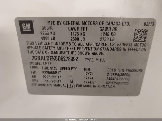 46218132 :رقم المزاد ، 2GNALDEK5D6278992 vin ، 2013 Chevrolet Equinox 1lt مزاد بيع