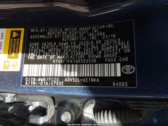 Auction sale of the 2016 Toyota Camry Le, vin: 4T4BF1FK1GR563536, lot number: 46218138