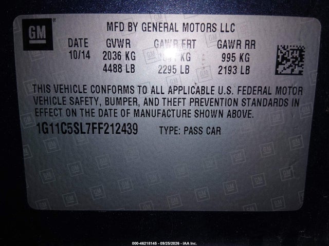 46218145 :رقم المزاد ، 1G11C5SL7FF212439 vin ، 2015 Chevrolet Malibu 1lt مزاد بيع