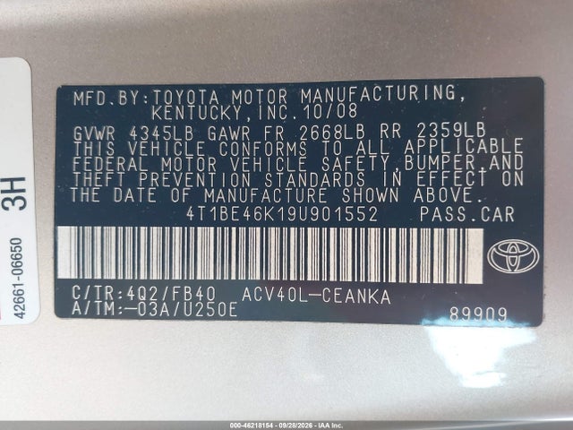 Aukcja sprzedaży 2009 Toyota Camry Le, vin: 4T1BE46K19U901552, numer aukcji: 46218154