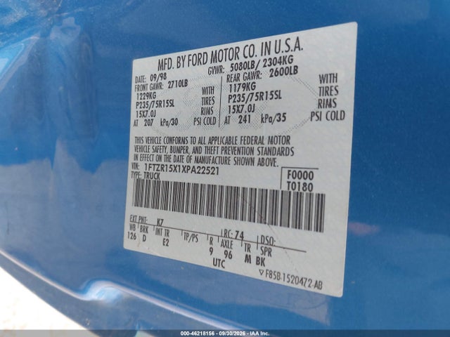 46218156 :رقم المزاد ، 1FTZR15X1XPA22521 vin ، 1999 Ford Ranger Xlt مزاد بيع