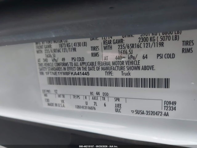 46218157 :رقم المزاد ، 1FTNE1YM8FKA41445 vin ، 2015 Ford Transit-150 مزاد بيع