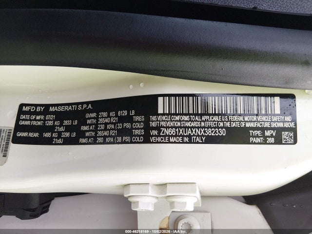 Продаж на аукціоні авто 2022 Maserati Levante Gt, vin: ZN661XUAXNX382330, номер лоту: 46218169