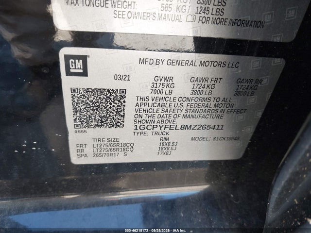 Продаж на аукціоні авто 2021 Chevrolet Silverado 1500 4wd  Short Bed Lt Trail Boss, vin: 1GCPYFEL8MZ265411, номер лоту: 46218172