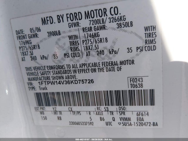 46218197 :رقم المزاد ، 1FTPW14V36KD75726 vin ، 2006 Ford F-150 Fx4/lariat/xlt مزاد بيع