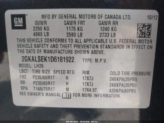 2013 Gmc Terrain Sle-2 მანქანა იყიდება აუქციონზე, vin: 2GKALSEK1D6181922, აუქციონის ნომერი: 46218203