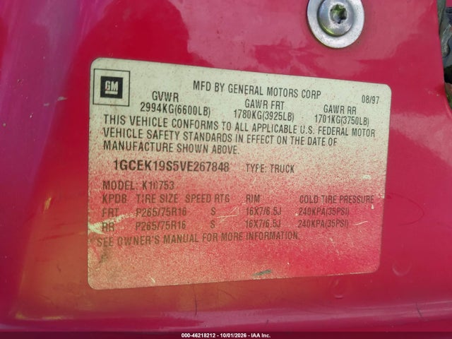 46218212 :رقم المزاد ، 1GCEK19S5VE267848 vin ، 1997 Chevrolet K1500 Fleetside مزاد بيع