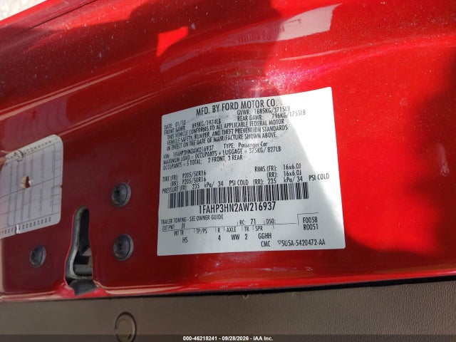 2010 Ford Focus Sel მანქანა იყიდება აუქციონზე, vin: 1FAHP3HN2AW216937, აუქციონის ნომერი: 46218241