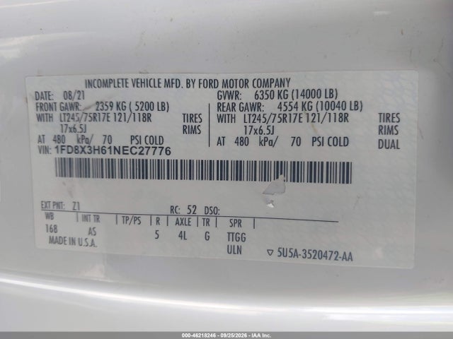 46218246 :رقم المزاد ، 1FD8X3H61NEC27776 vin ، 2022 Ford F-350 Chassis Xl مزاد بيع