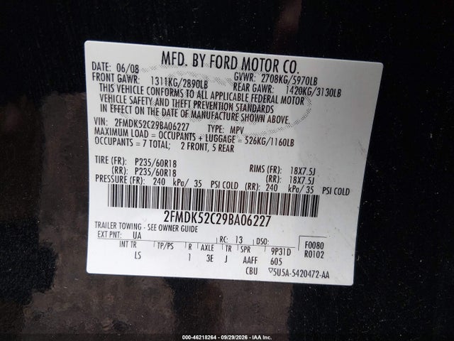 Aukcja sprzedaży 2009 Ford Flex Sel, vin: 2FMDK52C29BA06227, numer aukcji: 46218264