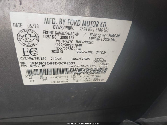 Продажа на аукционе авто 2013 Ford Explorer Xlt, vin: 1FM5K8D88DGC88003, номер лота: 46218270