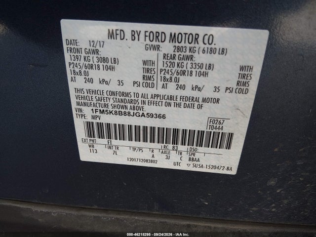 Aukcja sprzedaży 2018 Ford Explorer, vin: 1FM5K8B88JGA59366, numer aukcji: 46218295