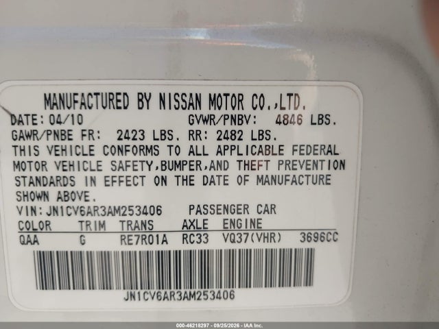 Aukcja sprzedaży 2010 Infiniti G37x, vin: JN1CV6AR3AM253406, numer aukcji: 46218297