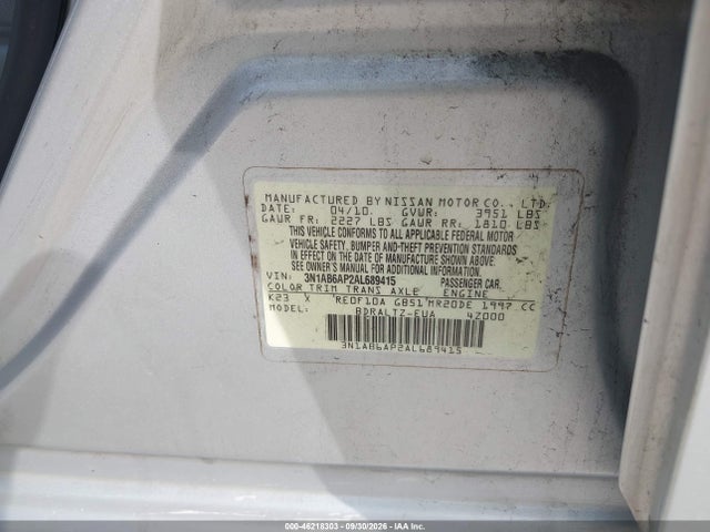 Aukcja sprzedaży 2010 Nissan Sentra 2.0s, vin: 3N1AB6AP2AL689415, numer aukcji: 46218303
