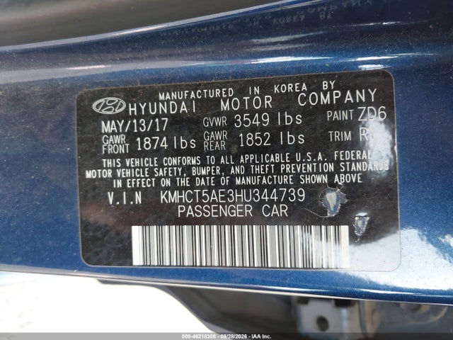 Продаж на аукціоні авто 2017 Hyundai Accent Se, vin: KMHCT5AE3HU344739, номер лоту: 46218308