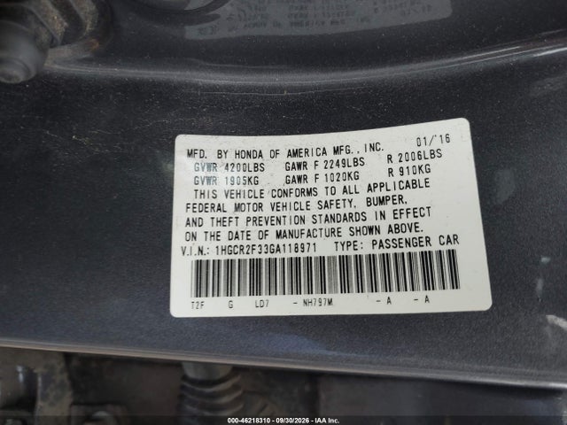 Продаж на аукціоні авто 2016 Honda Accord Lx, vin: 1HGCR2F33GA118971, номер лоту: 46218310