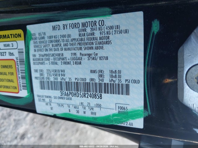 2018 Ford Fusion Se მანქანა იყიდება აუქციონზე, vin: 3FA6P0HD5JR240858, აუქციონის ნომერი: 46218322