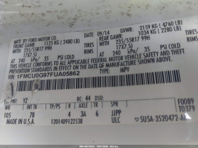 Продаж на аукціоні авто 2015 Ford Escape Se, vin: 1FMCU0G97FUA05862, номер лоту: 46218325