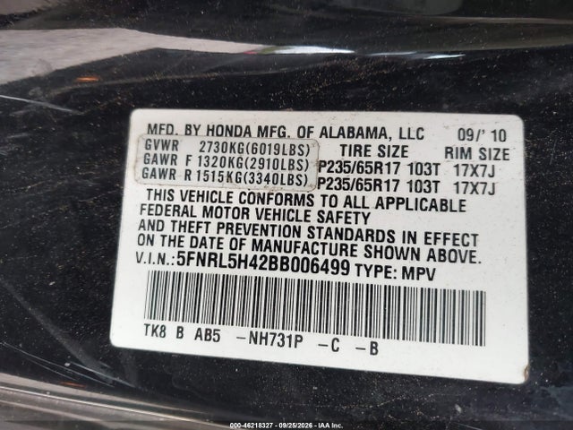 2011 Honda Odyssey Ex მანქანა იყიდება აუქციონზე, vin: 5FNRL5H42BB006499, აუქციონის ნომერი: 46218327