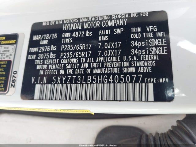 Aukcja sprzedaży 2017 Hyundai Santa Fe Sport 2.4l, vin: 5XYZT3LB5HG405077, numer aukcji: 46218328