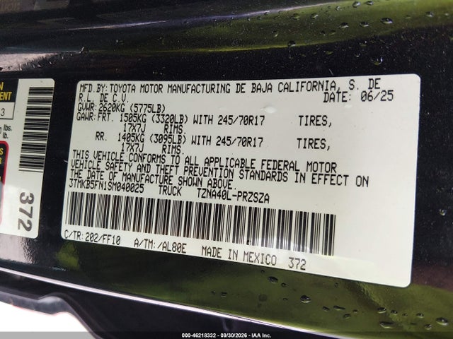 Aukcja sprzedaży 2025 Toyota Tacoma Sr5, vin: 3TMKB5FN1SM040025, numer aukcji: 46218332