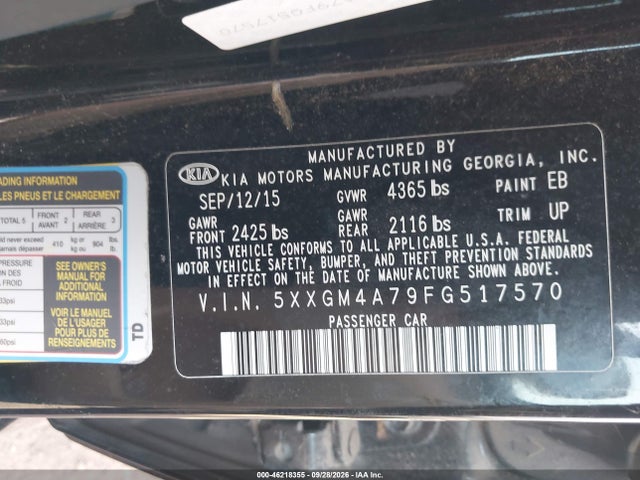 2015 Kia Optima Lx მანქანა იყიდება აუქციონზე, vin: 5XXGM4A79FG517570, აუქციონის ნომერი: 46218355
