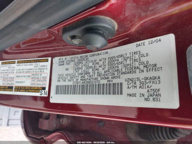 46218364 :رقم المزاد ، JTEBT14R358021072 vin ، 2005 Toyota 4runner Sr5 Sport V8 مزاد بيع