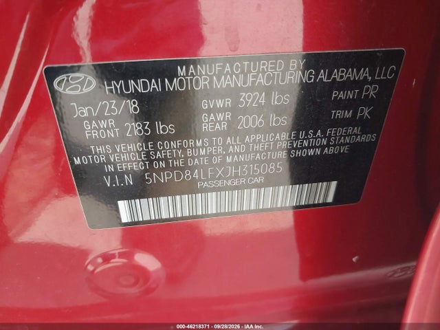 2018 Hyundai Elantra Sel მანქანა იყიდება აუქციონზე, vin: 5NPD84LFXJH315085, აუქციონის ნომერი: 46218371