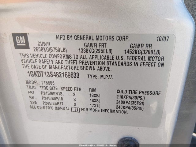 46218390 :رقم المزاد ، 1GKDT13S482169633 vin ، 2008 Gmc Envoy Slt مزاد بيع