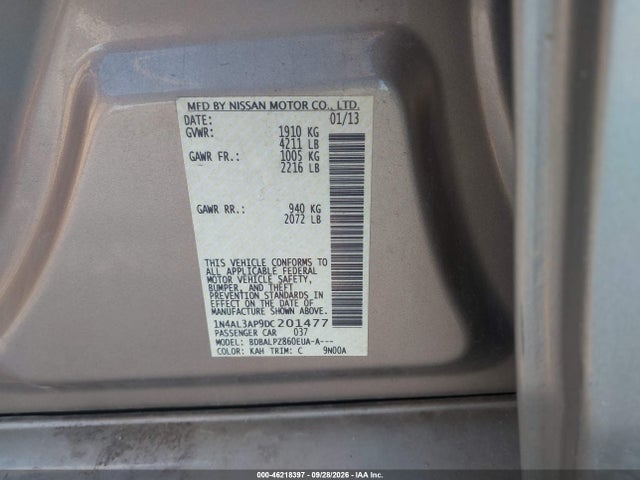 46218397 :رقم المزاد ، 1N4AL3AP9DC201477 vin ، 2013 Nissan Altima 2.5 مزاد بيع