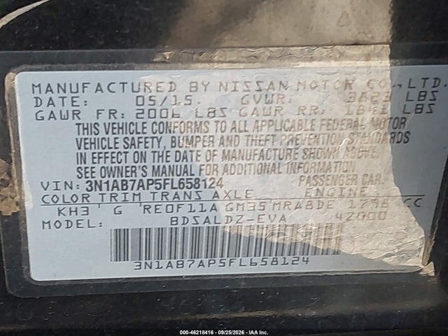 2015 Nissan Sentra Sv მანქანა იყიდება აუქციონზე, vin: 3N1AB7AP5FL658124, აუქციონის ნომერი: 46218416