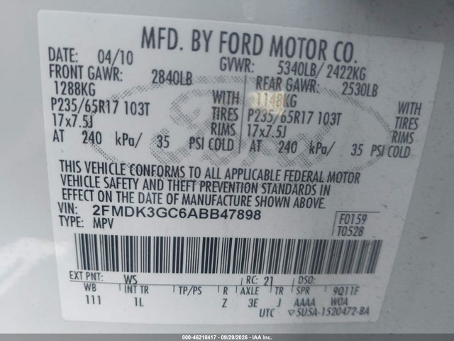 Продажа на аукционе авто 2010 Ford Edge Se, vin: 2FMDK3GC6ABB47898, номер лота: 46218417