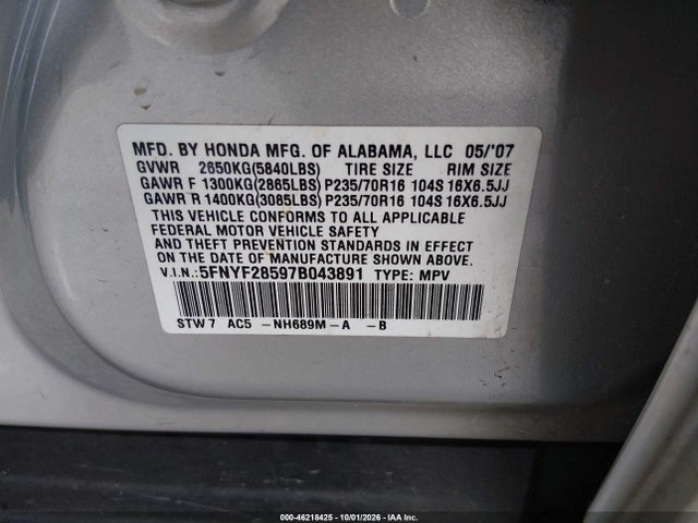 2007 Honda Pilot Ex-l მანქანა იყიდება აუქციონზე, vin: 5FNYF28597B043891, აუქციონის ნომერი: 46218425