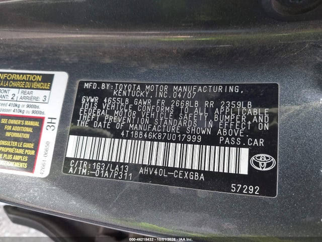 Aukcja sprzedaży 2007 Toyota Camry Hybrid, vin: 4T1BB46K87U017999, numer aukcji: 46218432