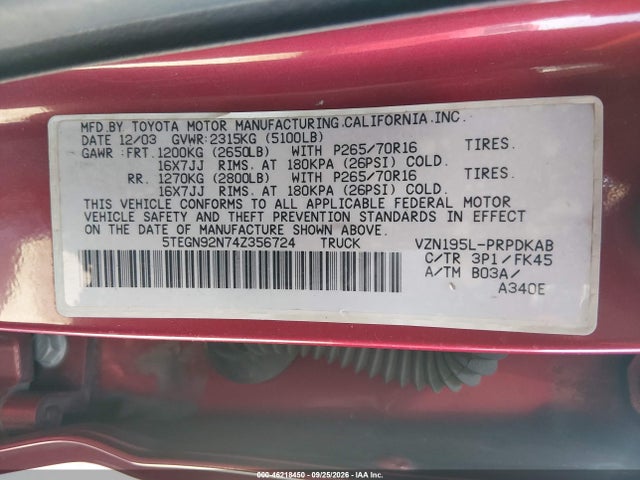 46218450 :رقم المزاد ، 5TEGN92N74Z356724 vin ، 2004 Toyota Tacoma Prerunner V6 مزاد بيع