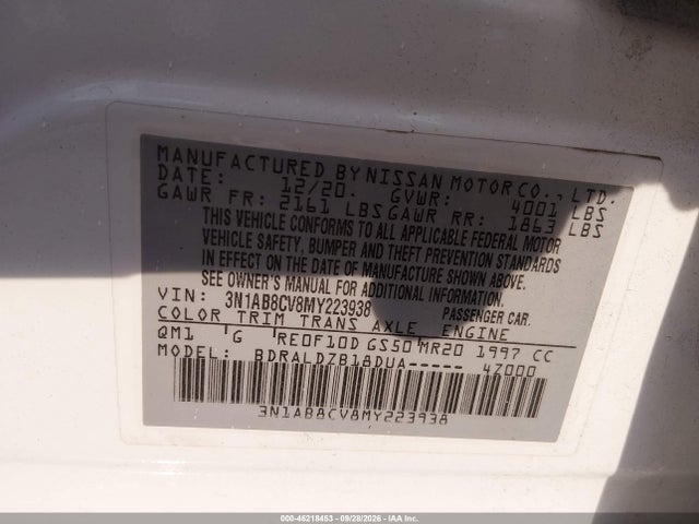 Aukcja sprzedaży 2021 Nissan Sentra Sv Xtronic Cvt, vin: 3N1AB8CV8MY223938, numer aukcji: 46218453