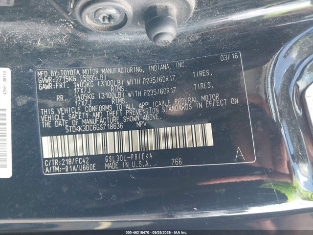 Продаж на аукціоні авто 2016 Toyota Sienna Le 8 Passenger, vin: 5TDKK3DC6GS718636, номер лоту: 46218470