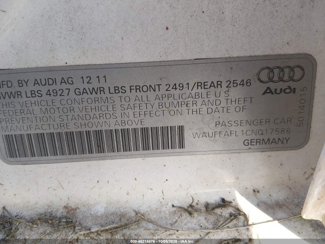 2012 Audi A4 2.0t Premium მანქანა იყიდება აუქციონზე, vin: WAUFFAFL1CN017586, აუქციონის ნომერი: 46218476