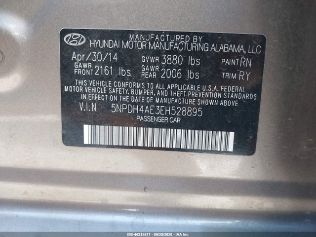 Продажа на аукционе авто 2014 Hyundai Elantra Limited, vin: 5NPDH4AE3EH528895, номер лота: 46218477