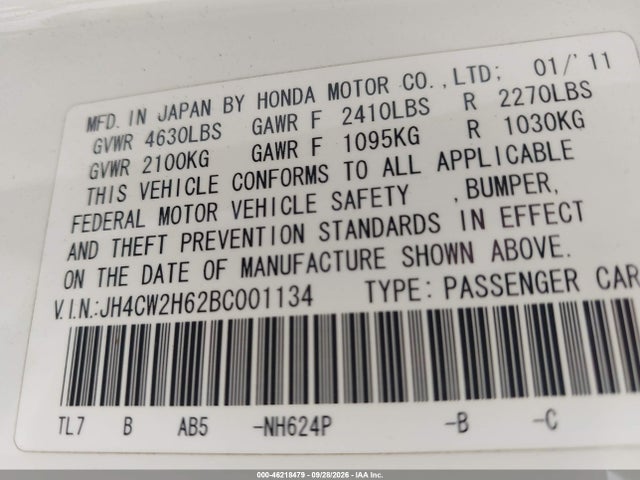 2011 Acura Tsx 2.4 მანქანა იყიდება აუქციონზე, vin: JH4CW2H62BC001134, აუქციონის ნომერი: 46218479