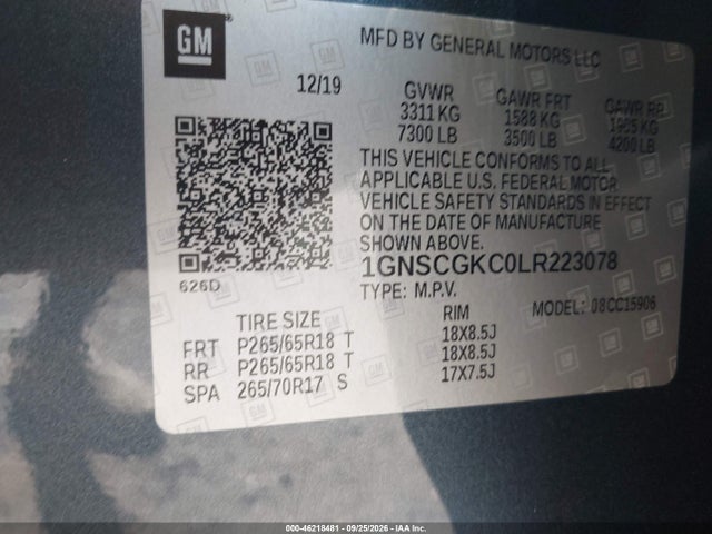 46218481 :رقم المزاد ، 1GNSCGKC0LR223078 vin ، 2020 Chevrolet Suburban 2wd Ls مزاد بيع