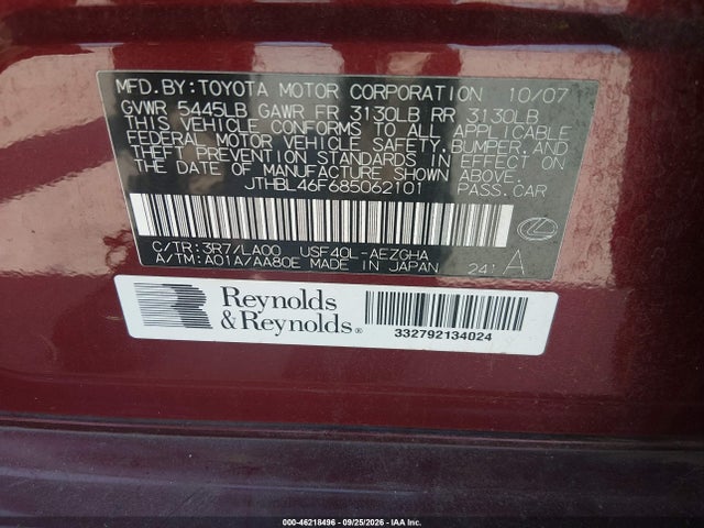 Aukcja sprzedaży 2008 Lexus Ls 460, vin: JTHBL46F685062101, numer aukcji: 46218496