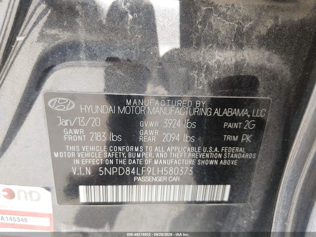 Aukcja sprzedaży 2020 Hyundai Elantra Sel, vin: 5NPD84LF9LH580373, numer aukcji: 46218502