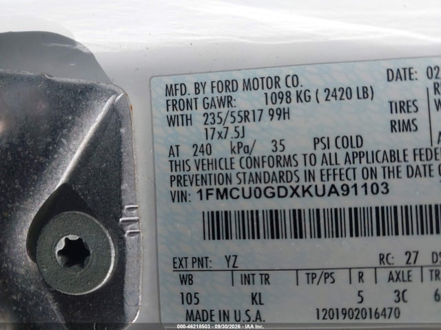 Продаж на аукціоні авто 2019 Ford Escape Se, vin: 1FMCU0GDXKUA91103, номер лоту: 46218503