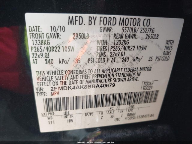Продаж на аукціоні авто 2011 Ford Edge Sport, vin: 2FMDK4AK8BBA40679, номер лоту: 46218509