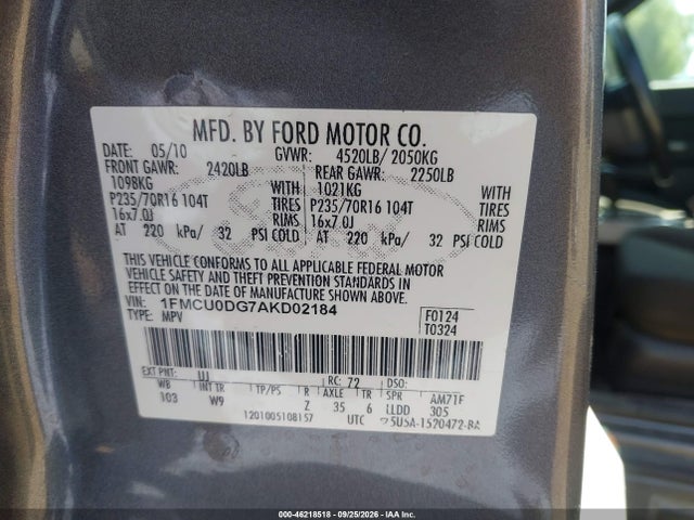 Aukcja sprzedaży 2010 Ford Escape Xlt, vin: 1FMCU0DG7AKD02184, numer aukcji: 46218518