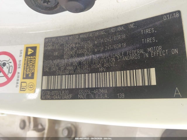 Toyota Highlander Xle 2018 5TDJZRFHXJS536867 Image 9