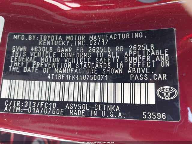 2017 Toyota Camry Le მანქანა იყიდება აუქციონზე, vin: 4T1BF1FK4HU750071, აუქციონის ნომერი: 46218529